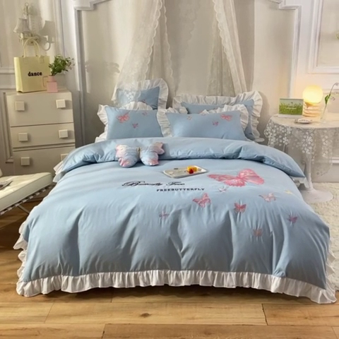 91家纺网 家纺一手货源 找家纺 欧冠家纺 2024四季款云锦棉刺绣绣花四件套-羽蝶 羽蝶-慕蓝
