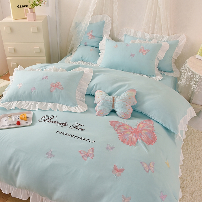 91家纺网 家纺一手货源 找家纺 欧冠家纺 2024四季款云锦棉刺绣绣花四件套-羽蝶 羽蝶-碧绿