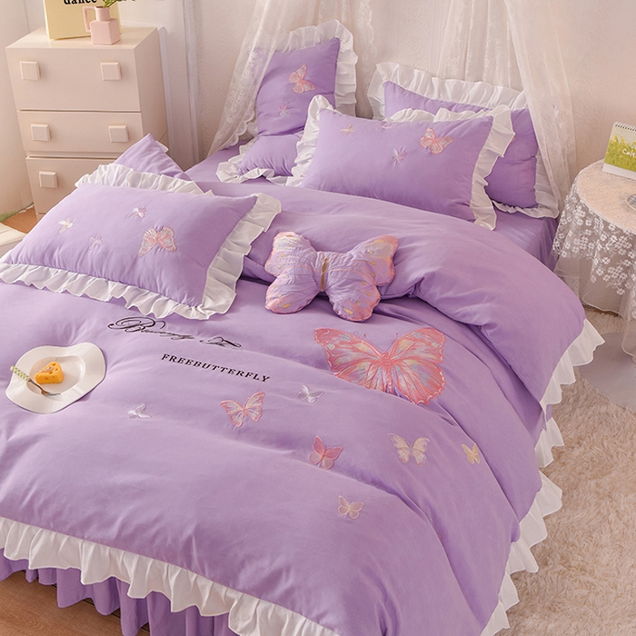 91家纺网 家纺一手货源 找家纺 欧冠家纺 2024四季款云锦棉刺绣绣花四件套-羽蝶 羽蝶-紫色