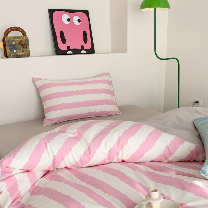 91家纺网 家纺一手货源 找家纺 澳萝拉 2024新款全棉条纹大版四件套 樱花蓝椰