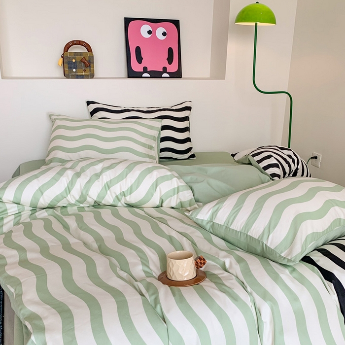 91家纺网 家纺一手货源 找家纺 澳萝拉 2024新款全棉条纹大版四件套 抹茶拿铁