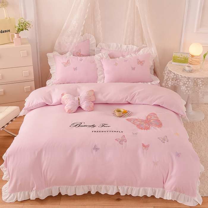 91家纺网 家纺一手货源 找家纺 欧冠家纺 2024四季款云锦棉刺绣绣花四件套-羽蝶 羽蝶-粉色