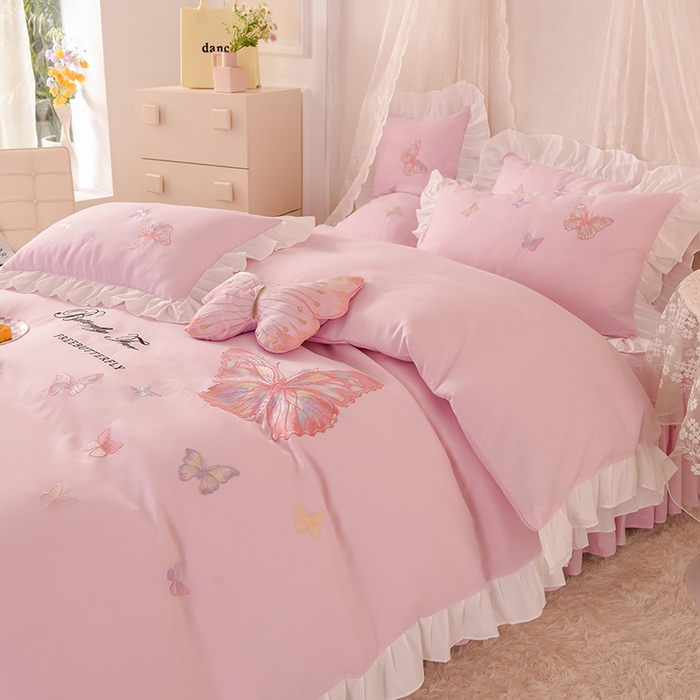 91家纺网 家纺一手货源 找家纺 欧冠家纺 2024四季款云锦棉刺绣绣花四件套-羽蝶 羽蝶-粉色