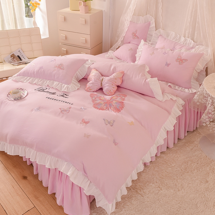 91家纺网 家纺一手货源 找家纺 欧冠家纺 2024四季款云锦棉刺绣绣花四件套-羽蝶 羽蝶-粉色