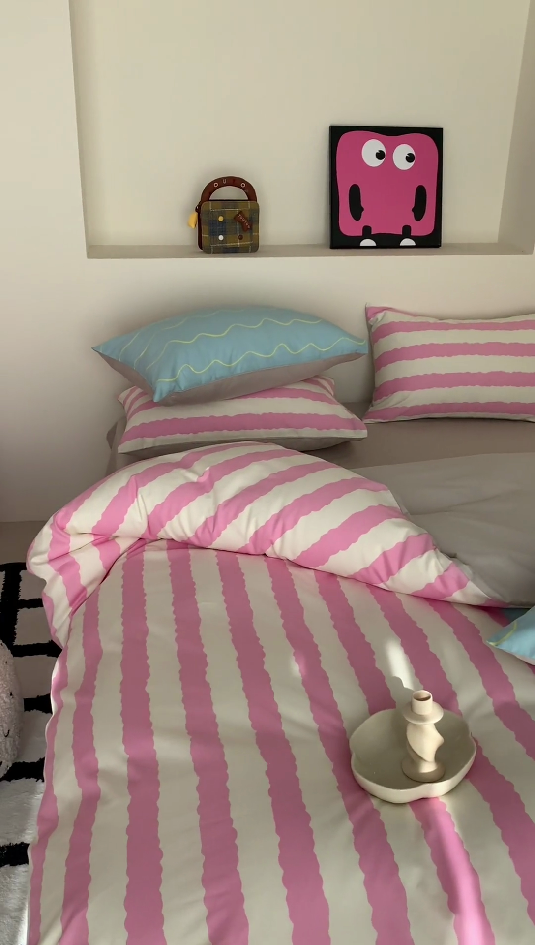 91家纺网 家纺一手货源 找家纺 澳萝拉 2024新款全棉条纹大版四件套 樱花蓝椰