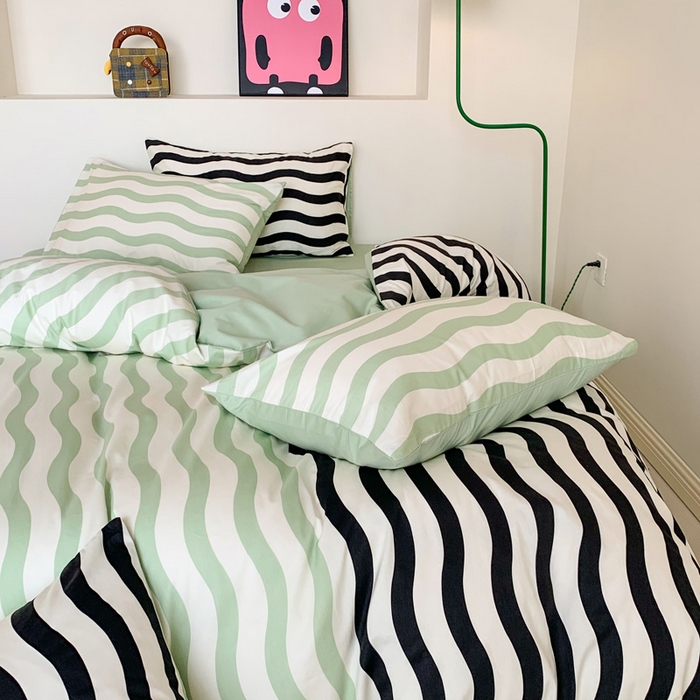 91家纺网 家纺一手货源 找家纺 澳萝拉 2024新款全棉条纹大版四件套 抹茶拿铁