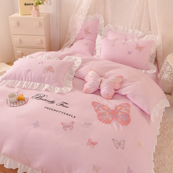 91家纺网 家纺一手货源 找家纺 欧冠家纺 2024四季款云锦棉刺绣绣花四件套-羽蝶 羽蝶-粉色