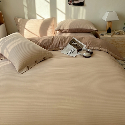 91家纺网 家纺一手货源 找家纺 三朵家纺 2024新款春夏无印侘寂风提花长绒棉四件套 奶棕+拿铁