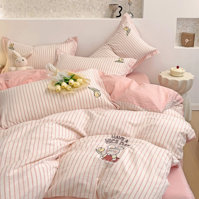 91家纺网 家纺一手货源 找家纺 娜娜 2024新款全棉色织水洗棉套件 俏皮兔-粉