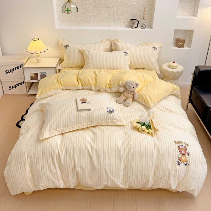 91家纺网 家纺一手货源 找家纺 娜娜 2024新款全棉色织水洗棉套件 维尼熊-黄