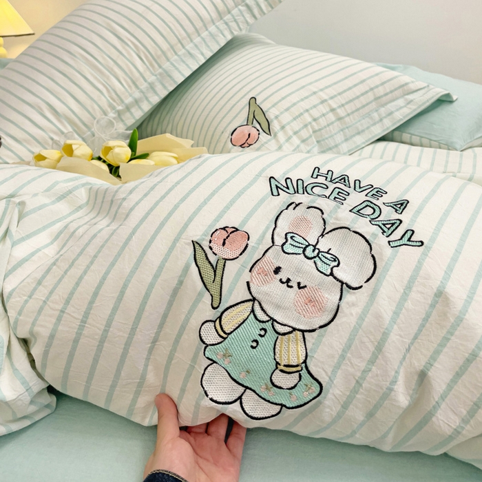 91家纺网 家纺一手货源 找家纺 娜娜 2024新款全棉色织水洗棉套件 俏皮兔-蓝