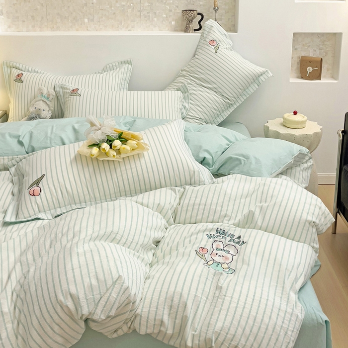 91家纺网 家纺一手货源 找家纺 娜娜 2024新款全棉色织水洗棉套件 俏皮兔-蓝