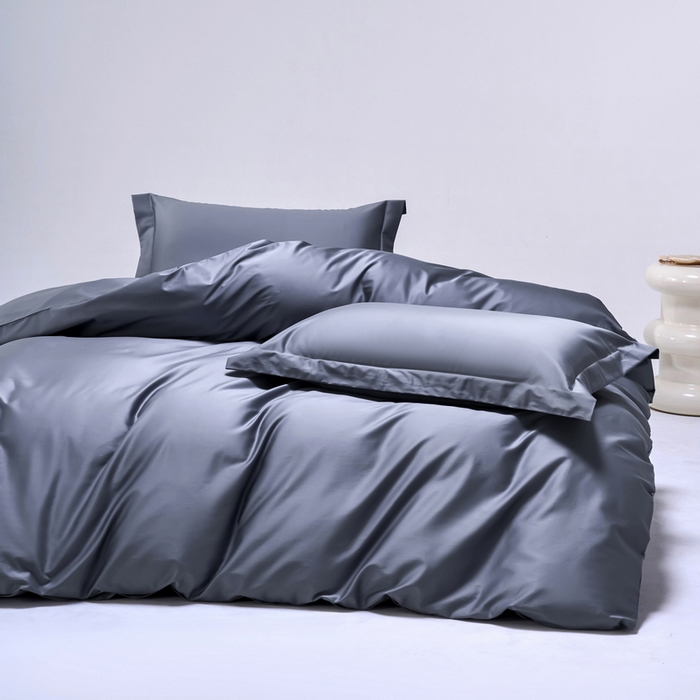 91家纺网 家纺一手货源 找家纺 锦彩2025新款50*50支贡缎长绒棉轻奢四件套简约单品纯色系列 绅士灰