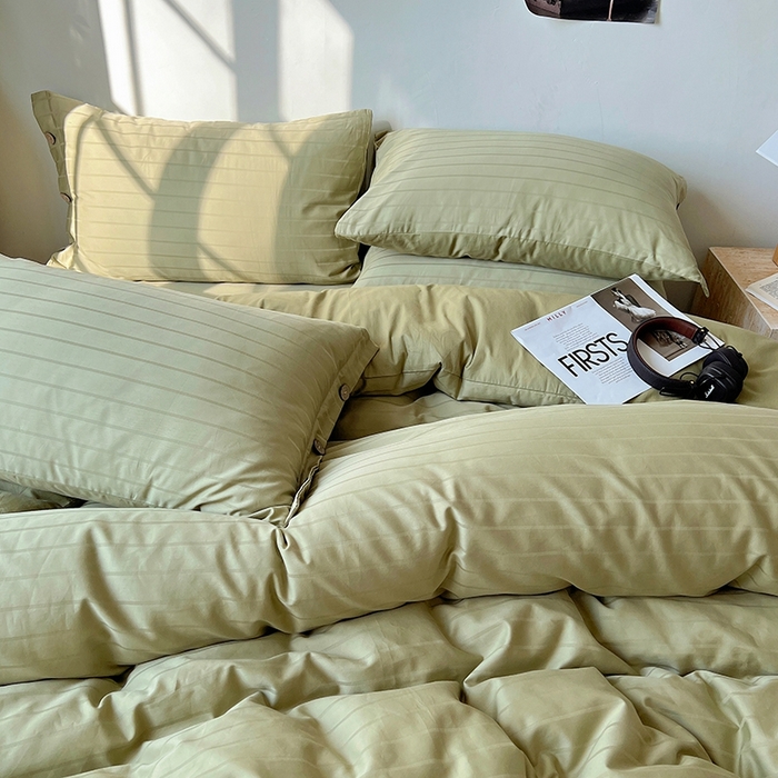 91家纺网 家纺一手货源 找家纺 三朵家纺 2024新款春夏无印侘寂风提花长绒棉四件套 宽条-豆蔻