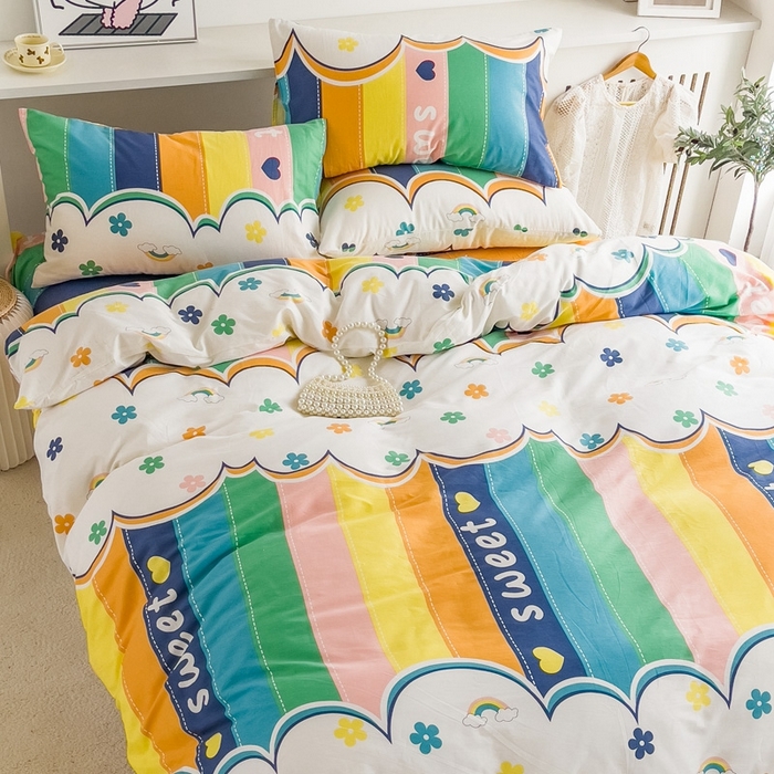 91家纺网 家纺一手货源 找家纺 棉乐町家居 2025新款纯棉印花四件套 彩虹