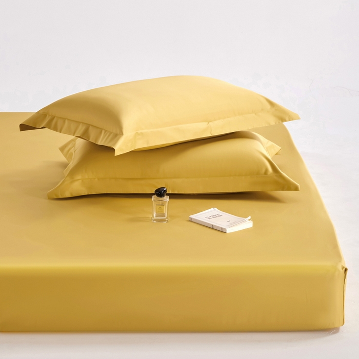 91家纺网 家纺一手货源 找家纺 锦彩家居 2025新款50*50支纯色长绒棉单品床笠 栀子黄