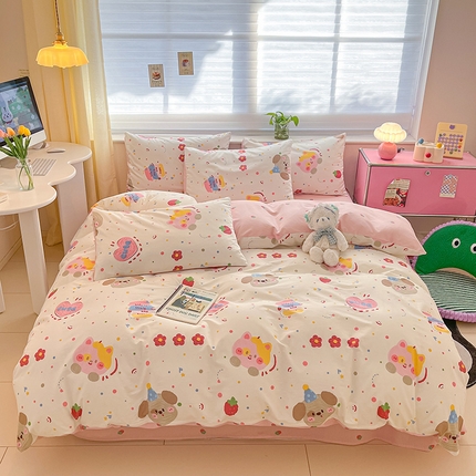 91家纺网 家纺一手货源 找家纺 桃子 2024新款纯棉13372萌趣少女小清新卡通四件套第二批 棉-花花酱