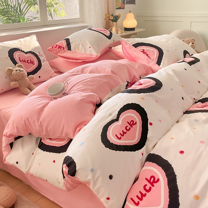 桃子 2024新款纯棉13372萌趣少女小清新卡通四件套第二批 棉-粉心派对