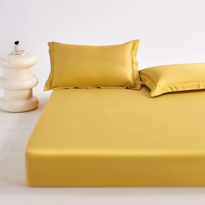 91家纺网 家纺一手货源 找家纺 锦彩家居 2025新款50*50支纯色长绒棉单品床笠 栀子黄