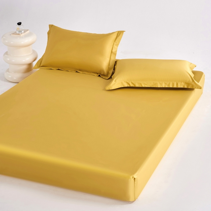 91家纺网 家纺一手货源 找家纺 锦彩家居 2025新款50*50支纯色长绒棉单品床笠 栀子黄