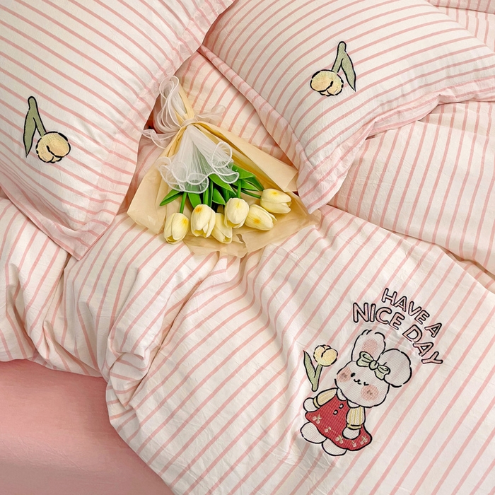 91家纺网 家纺一手货源 找家纺 娜娜 2024新款全棉色织水洗棉套件 俏皮兔-粉