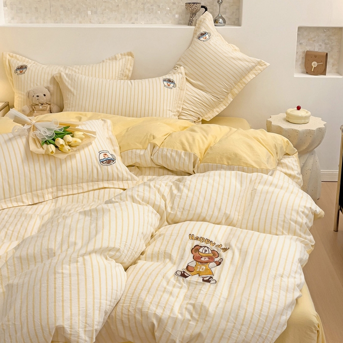 91家纺网 家纺一手货源 找家纺 娜娜 2024新款全棉色织水洗棉套件 维尼熊-黄