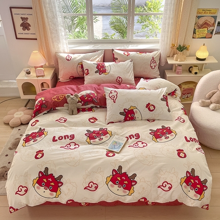 91家纺网 家纺一手货源 找家纺 （总）桃子 2024新款纯棉13372萌趣少女小清新卡通四件套第二批