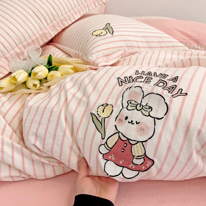 91家纺网 家纺一手货源 找家纺 娜娜 2024新款全棉色织水洗棉套件 俏皮兔-粉