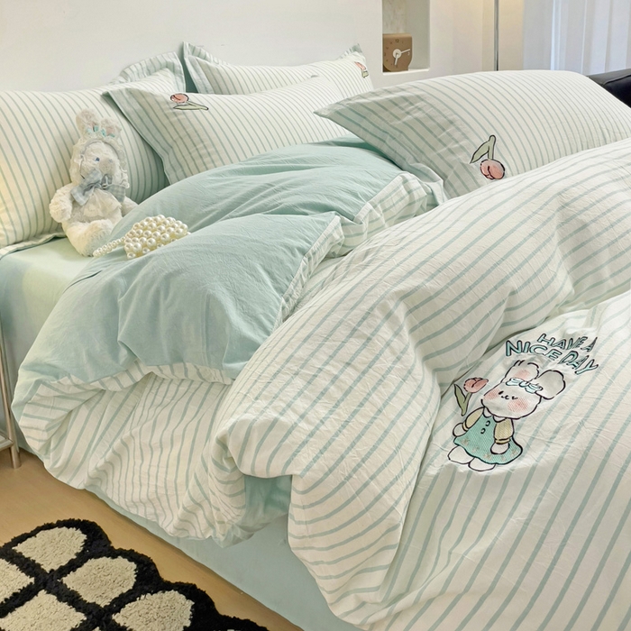 91家纺网 家纺一手货源 找家纺 娜娜 2024新款全棉色织水洗棉套件 俏皮兔-蓝