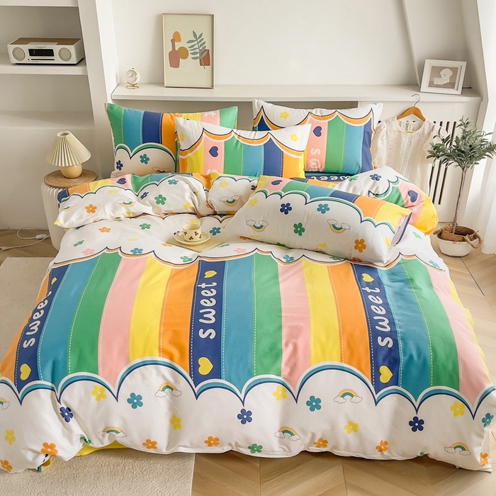 91家纺网 家纺一手货源 找家纺 棉乐町家居 2025新款纯棉印花四件套 彩虹