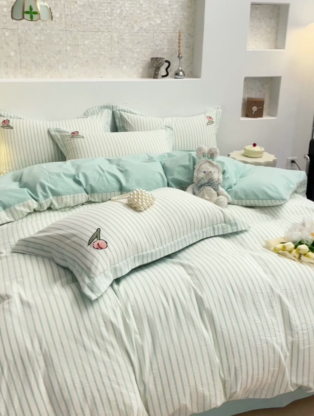 91家纺网 家纺一手货源 找家纺 娜娜 2024新款全棉色织水洗棉套件 俏皮兔-蓝