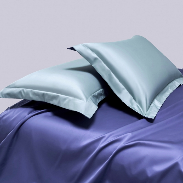 91家纺网 家纺一手货源 找家纺 锦彩家居  2025新款50*50支纯色长绒棉单品枕套 A面烟青-B面海军蓝