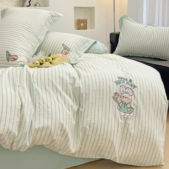 91家纺网 家纺一手货源 找家纺 娜娜 2024新款全棉色织水洗棉套件 俏皮兔-蓝