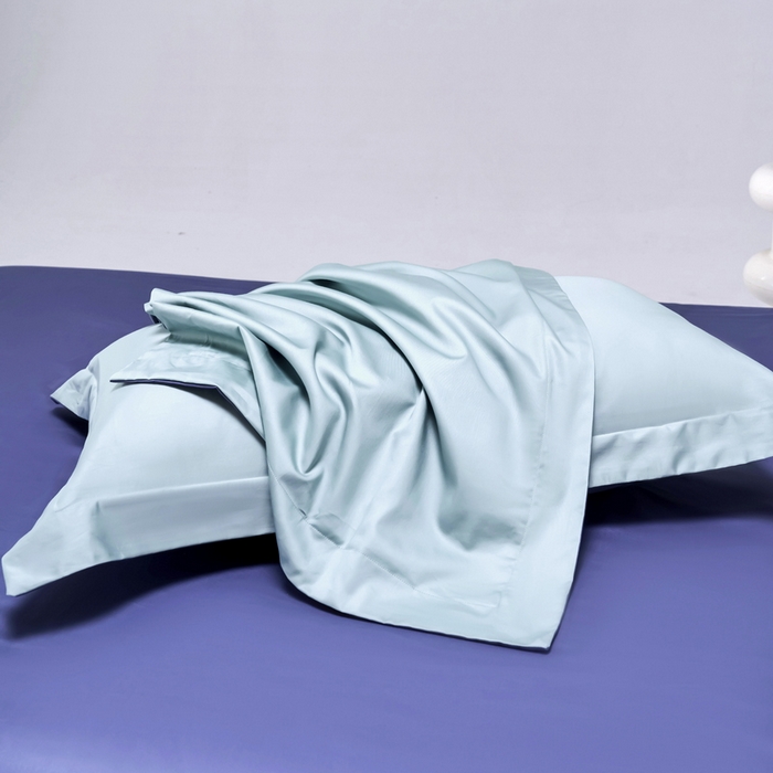 91家纺网 家纺一手货源 找家纺 锦彩家居  2025新款50*50支纯色长绒棉单品枕套 A面烟青-B面海军蓝