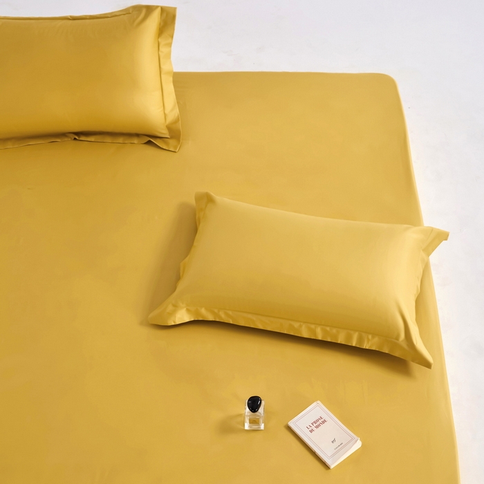 91家纺网 家纺一手货源 找家纺 锦彩家居 2025新款50*50支纯色长绒棉单品床笠 栀子黄