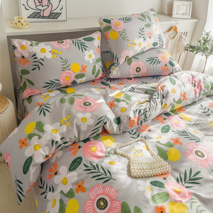 91家纺网 家纺一手货源 找家纺 棉乐町家居 2025新款纯棉印花四件套 百花绽放