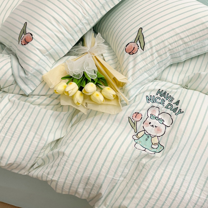 91家纺网 家纺一手货源 找家纺 娜娜 2024新款全棉色织水洗棉套件 俏皮兔-蓝