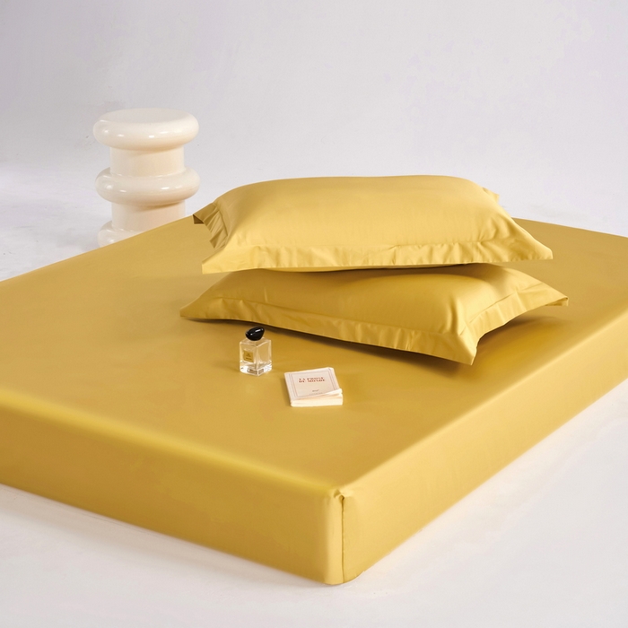 91家纺网 家纺一手货源 找家纺 锦彩家居 2025新款50*50支纯色长绒棉单品床笠 栀子黄