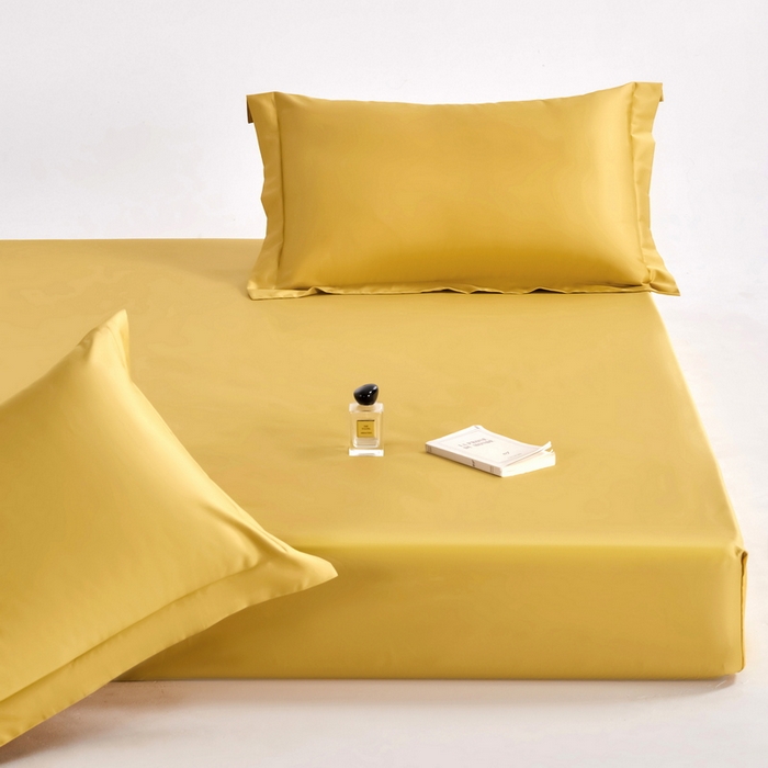 91家纺网 家纺一手货源 找家纺 锦彩家居 2025新款50*50支纯色长绒棉单品床笠 栀子黄