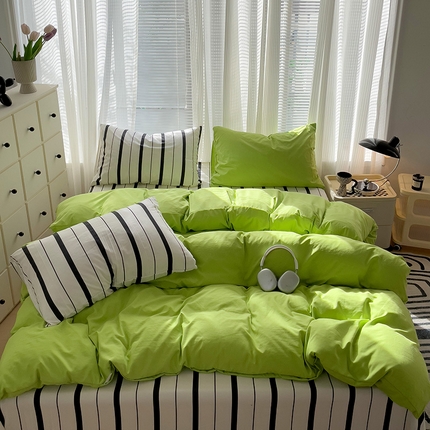 91家纺网 家纺一手货源 找家纺 （总）奈颜 2024新款水洗双层纱爆款双拼条纹四件套