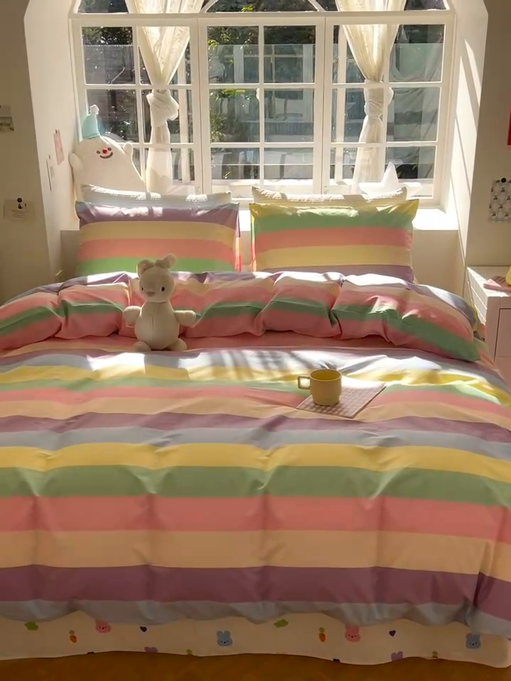 91家纺网 家纺一手货源 找家纺 怡家居 2024新品春款全棉印花四件套第一批花色-卡通类 彩虹兔兔