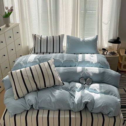 91家纺网 家纺一手货源 找家纺 （总）奈颜 2024新款水洗双层纱爆款双拼条纹四件套