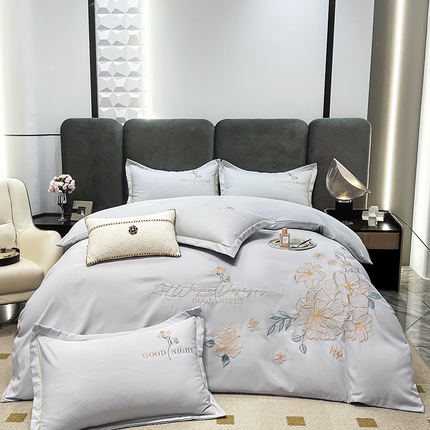 91家纺网 家纺一手货源 找家纺 帝菲妮 2025新款有氧提花小竺棉刺绣四件套-黛西 黛西-高级灰
