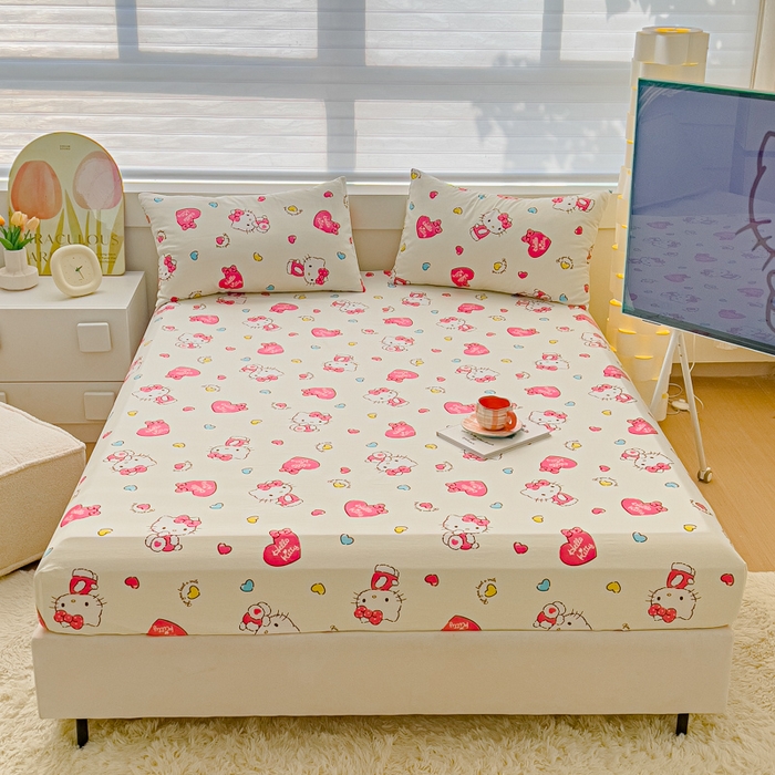 91家纺网 家纺一手货源 找家纺 金丝鸟家纺 2024新款全棉三丽鸥系列床笠 爱心kt