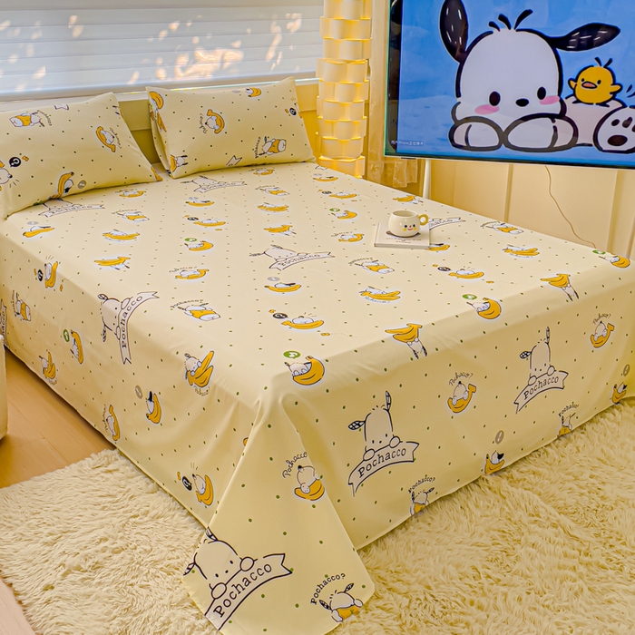 91家纺网 家纺一手货源 找家纺 金丝鸟家纺 2024新款全棉三丽鸥系列床单 香蕉帕恰狗