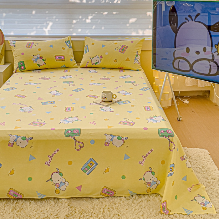 91家纺网 家纺一手货源 找家纺 金丝鸟家纺 2024新款全棉三丽鸥系列床单 音乐帕恰狗