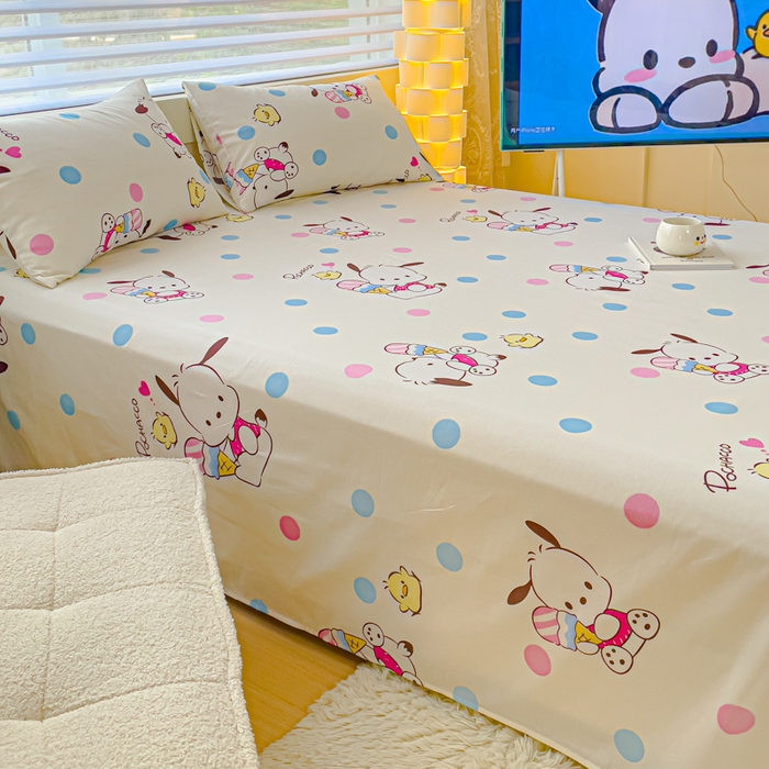 91家纺网 家纺一手货源 找家纺 金丝鸟家纺 2024新款全棉三丽鸥系列床单 波点帕恰狗