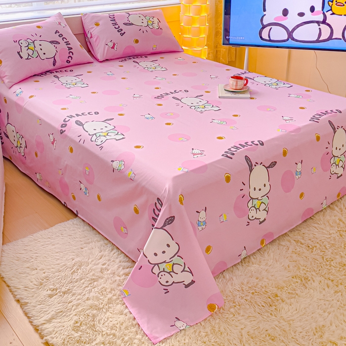 91家纺网 家纺一手货源 找家纺 金丝鸟家纺 2024新款全棉三丽鸥系列床单 开心帕恰狗