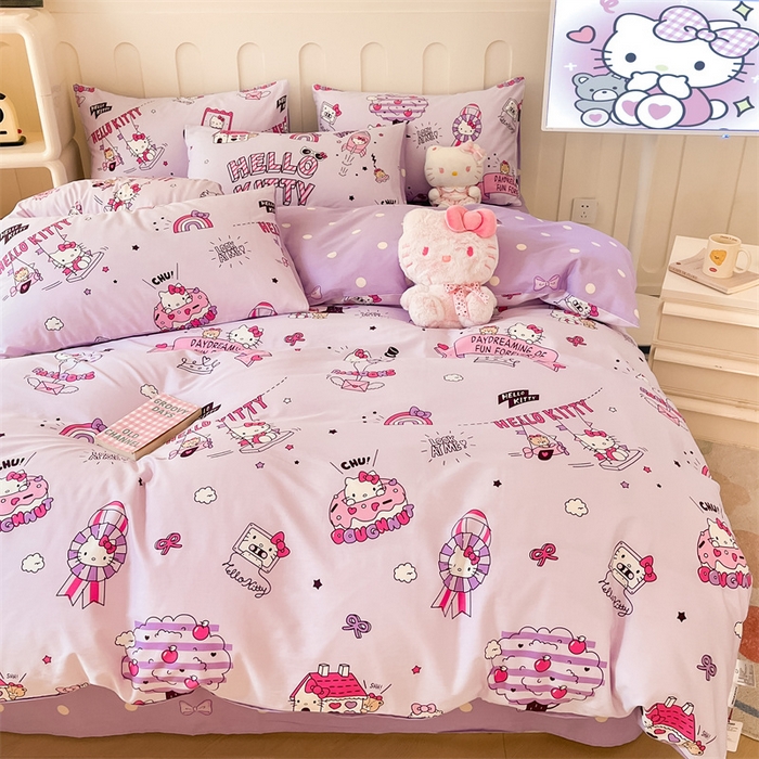 91家纺网 家纺一手货源 找家纺 呗旺鹿 2024新款三丽鸥系列全棉四件套 KT派对