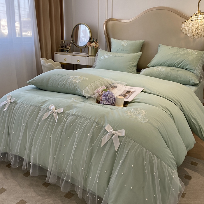 91家纺网 家纺一手货源 找家纺 欧冠家纺 2024新款全棉蕾丝珍珠网纱四件套 丽丽贝尔系列 青柠抹茶